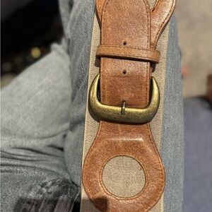French connection Tan leather and fabric belt with muted gold hardware
